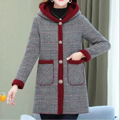 Add Velvet Plaid Coat Female Tops Middle Aged Women's Mid - Length Cotton - Padded Jackets Winter Hooded Warm Cold - Proof Overcoat - SHOWLU FASHION STORE