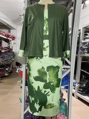 Female Suit 2025 Spring and summer New Solid Three Quarter Sleeve Top And Floral Print Package Hip Dress Two Piece Sets Fashion Suit Office 3d Flower Print Body Con African Skirt Sets Formal Elegant Women'S Sets