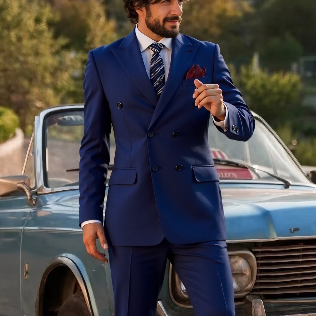 SHOWLU men's double-breasted slim fit tuxedo suit with peak lapel, stylish formal wear for elegant occasions.