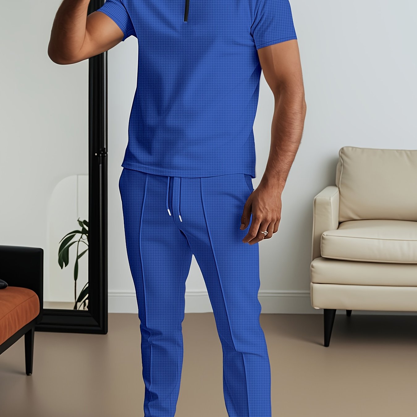 Men's waffle texture short sleeve shirt and pants 2-piece set in beige, featuring a casual, comfortable design.