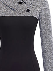Women'S Elegant Black and Beige Color Block Pencil Dress - Slim Fit, Long Sleeve, Round Neck with Button Detail, Perfect for Spring/Summer, Adult Fashion, Elegant Attire|Sleek Fitted Design|Polyester Fabric