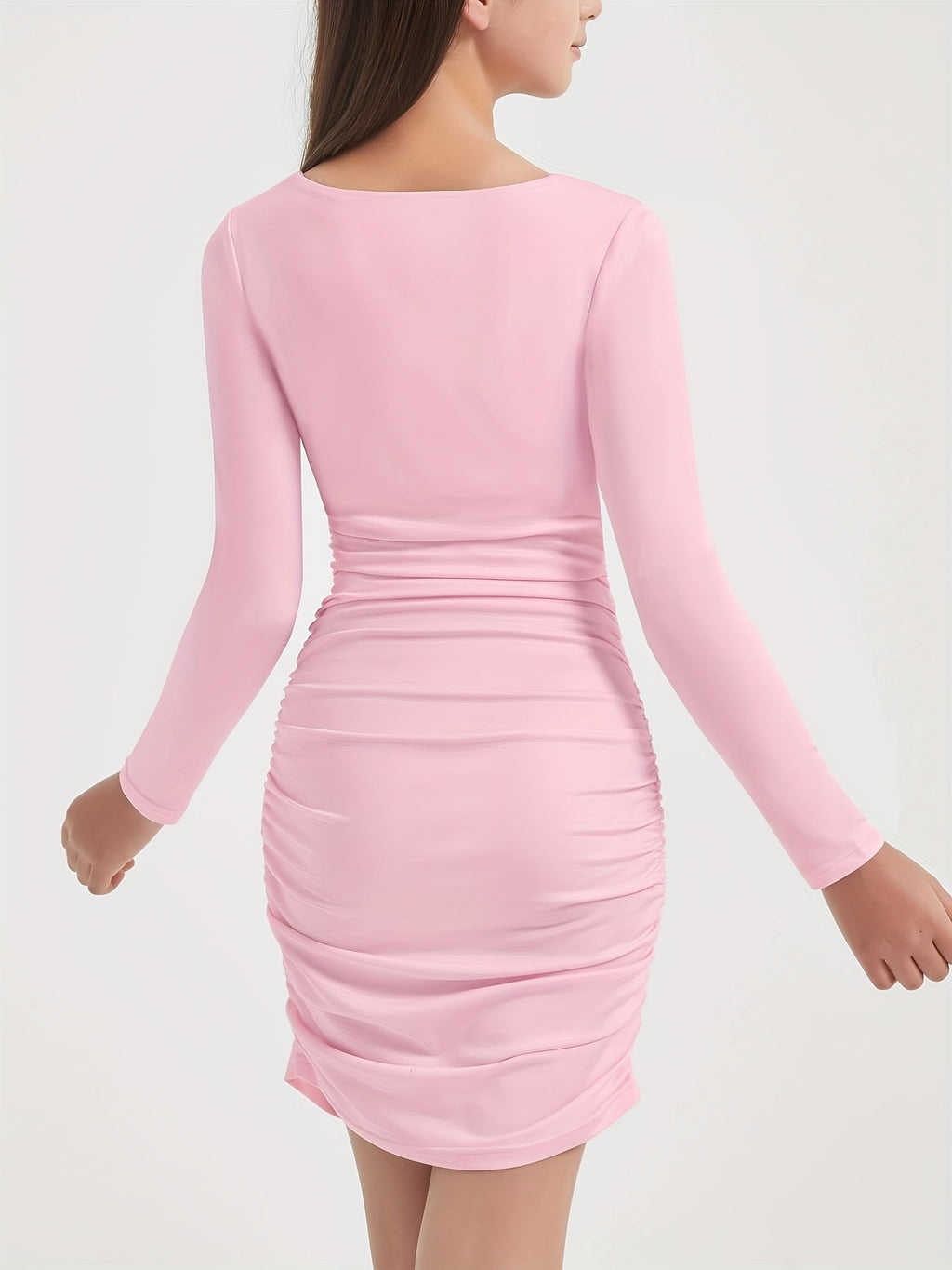 Girls ruched bodycon dress by EXARUS from SHOWLU FASHION STORE, featuring double lining and a stylish party or homecoming design.