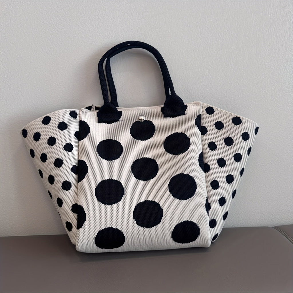 SHOWLU Burgundy polka dot knit tote bag with foldable design, casual handbag made of soft knit fabric, stylish and lightweight.