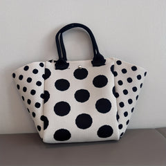 Bohemian Style Burgundy Tote Bag for Women, Casual Foldable Knit Handbag with Fixed Shoulder Straps, Magnetic Closure, Polyester, Polka Dot Pattern, Unlined, Travel Bag