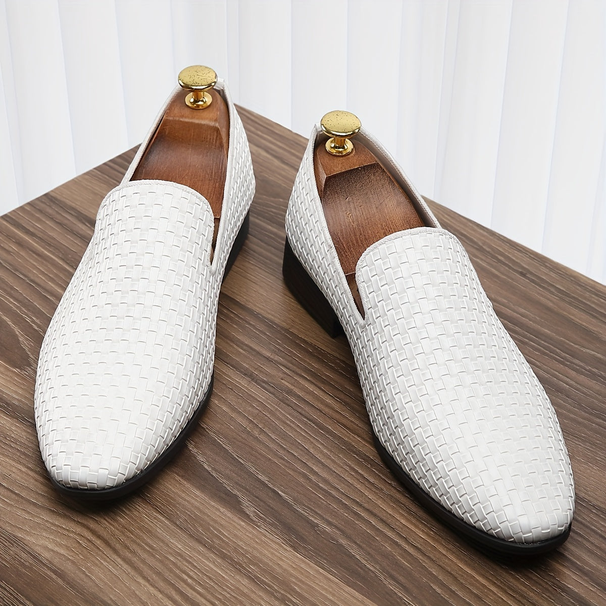 Men's black and gold woven PU loafers by SHOWLU FASHION STORE, featuring a stylish design and comfortable driving shoe fit.