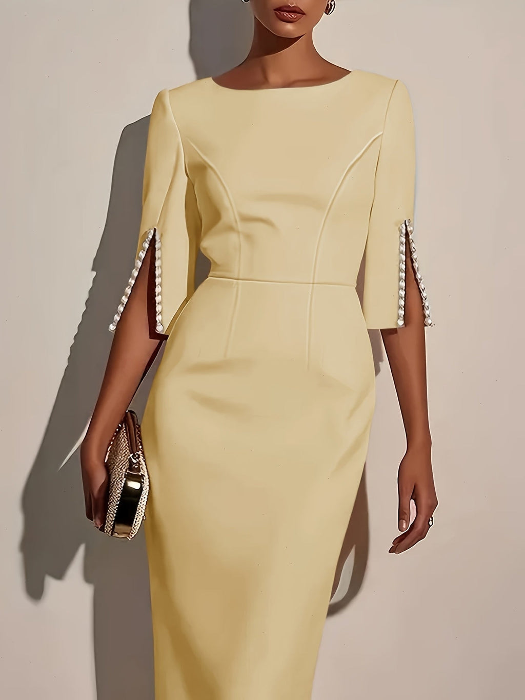 SHOWLU FASHION STORE ZOELNIC women's pearl bodycon midi dress with half sleeves, elegant and form-fitting for special occasions.