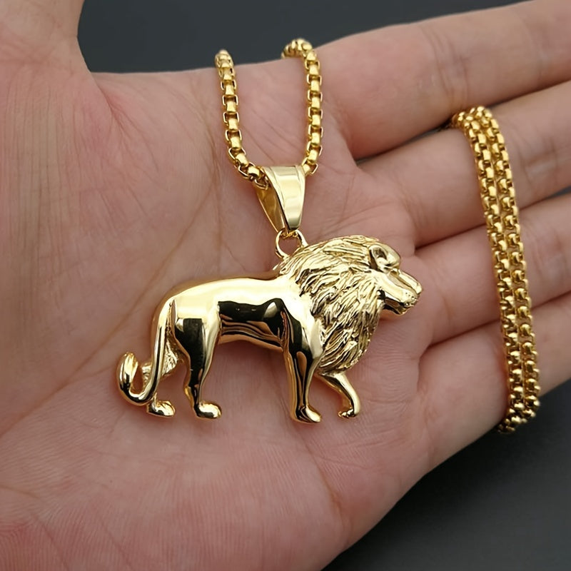SHOWLU FASHION men's lion pendant necklace set with two stainless steel necklaces featuring lion head charms.