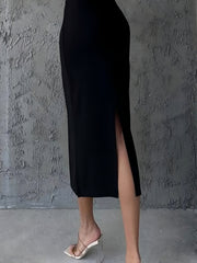 Elegant City-Style Two-Tone A-Line Dress with Short Sleeves and Side Slit - Rayon, Sleeveless, Bodycon Fit for Spring/Summer/Fall, Adult, Elegant Attire|Modern Fashion|Bodycon Dress