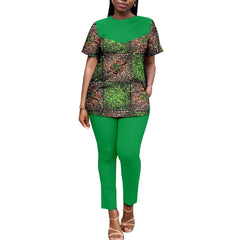 African American Women's Printed Fabric Patchwork Monochrome Top with Pants, Short Sleeves, Plus Size, Fashion, A2326006 - SHOWLU FASHION STORE