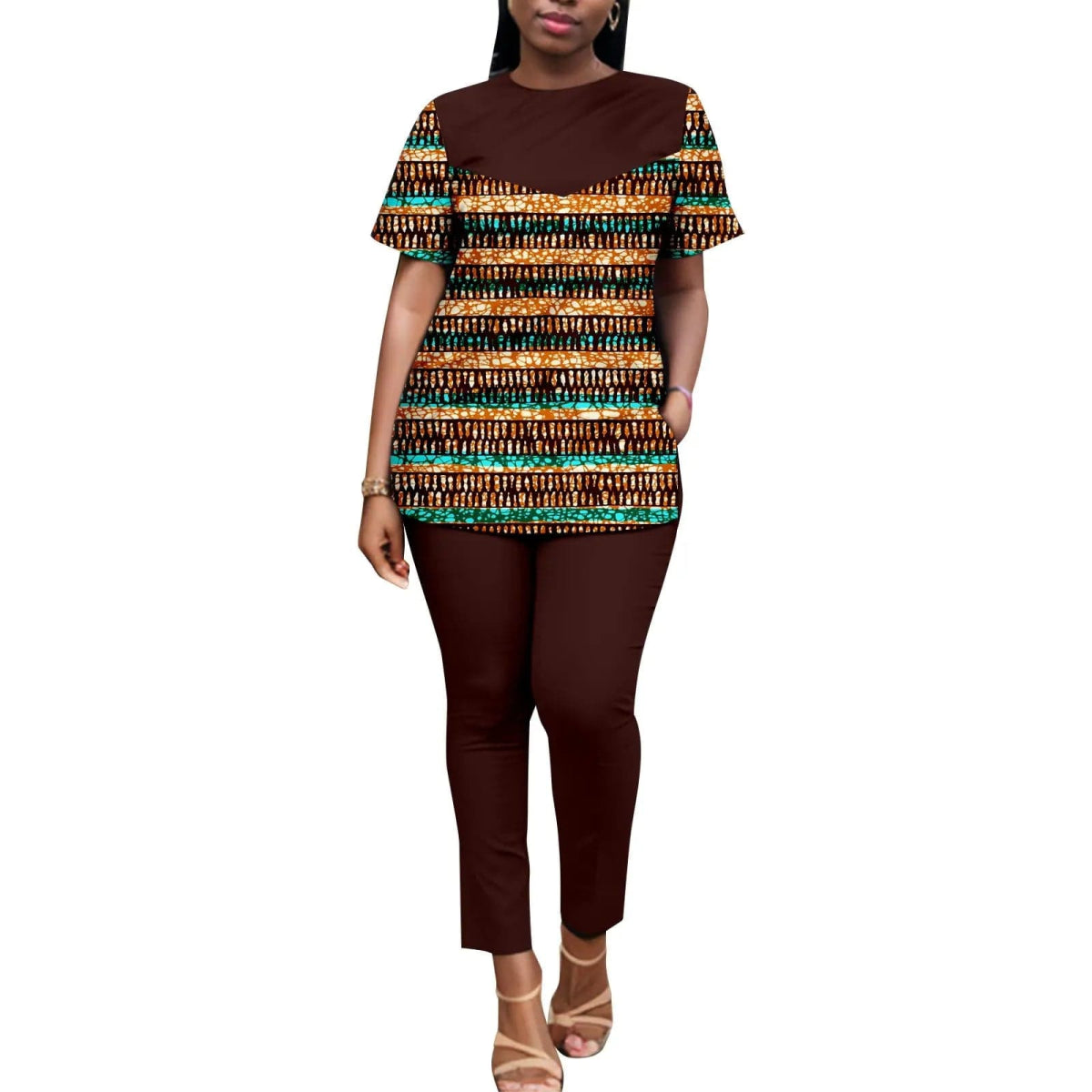 African American Women's Printed Fabric Patchwork Monochrome Top with Pants, Short Sleeves, Plus Size, Fashion, A2326006 - SHOWLU FASHION STORE