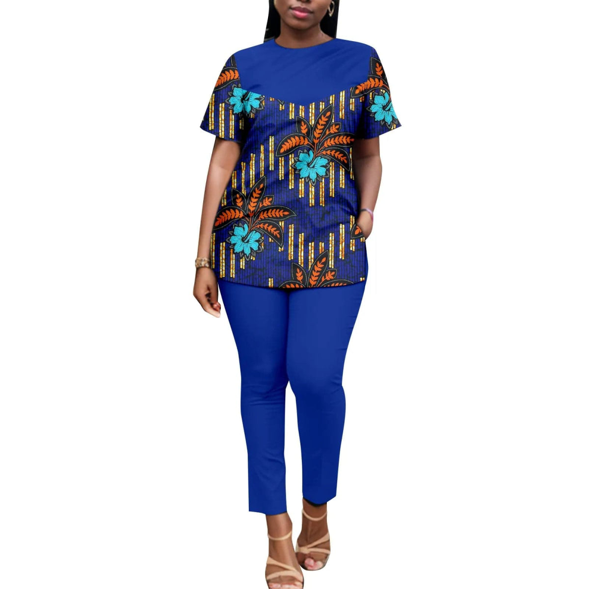 African American Women's Printed Fabric Patchwork Monochrome Top with Pants, Short Sleeves, Plus Size, Fashion, A2326006 - SHOWLU FASHION STORE