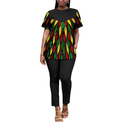 African American Women's Printed Fabric Patchwork Monochrome Top with Pants, Short Sleeves, Plus Size, Fashion, A2326006 - SHOWLU FASHION STORE