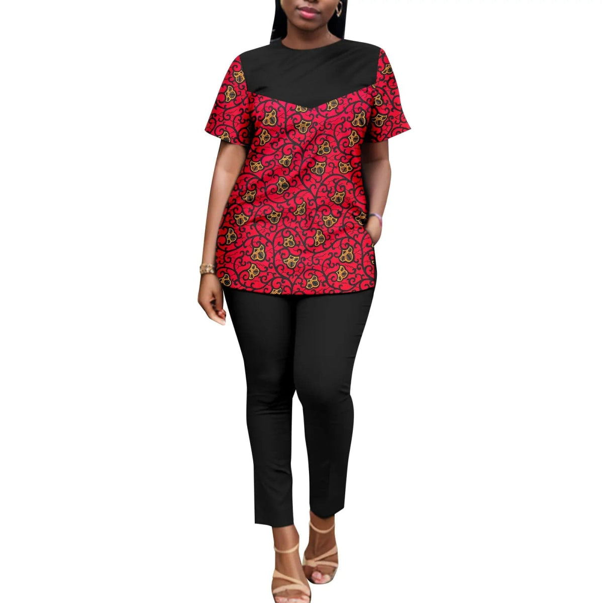 African American Women's Printed Fabric Patchwork Monochrome Top with Pants, Short Sleeves, Plus Size, Fashion, A2326006 - SHOWLU FASHION STORE