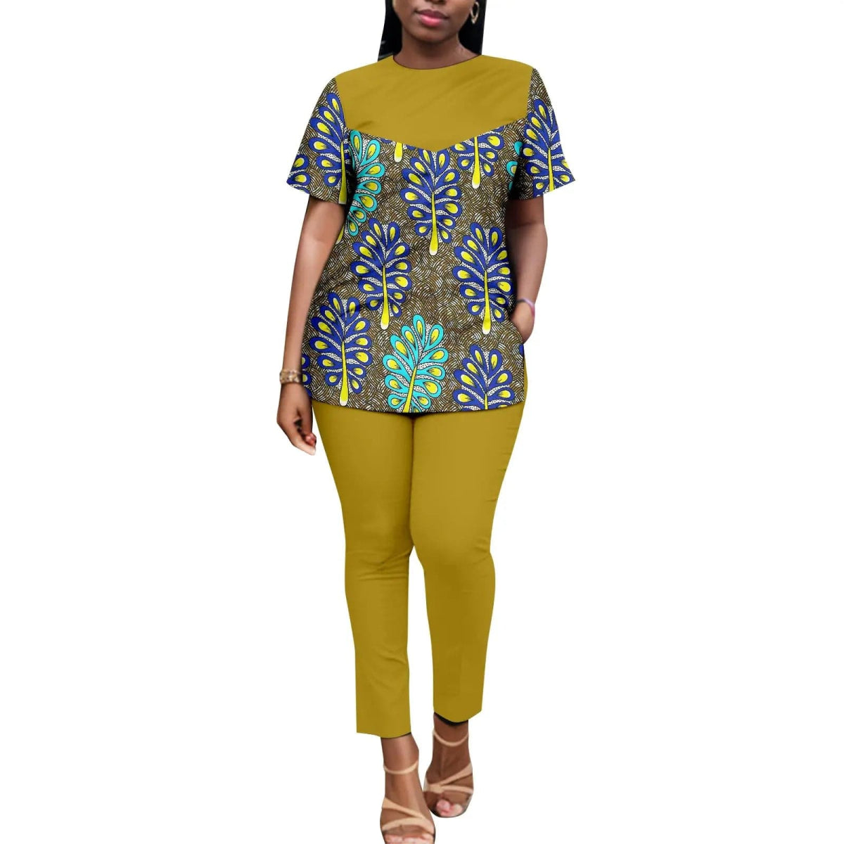 African American Women's Printed Fabric Patchwork Monochrome Top with Pants, Short Sleeves, Plus Size, Fashion, A2326006 - SHOWLU FASHION STORE