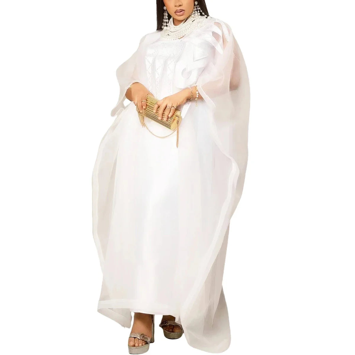 White African Abaya by SHOWLU FASHION with elegant embroidery, plus size, perfect for parties or church events.