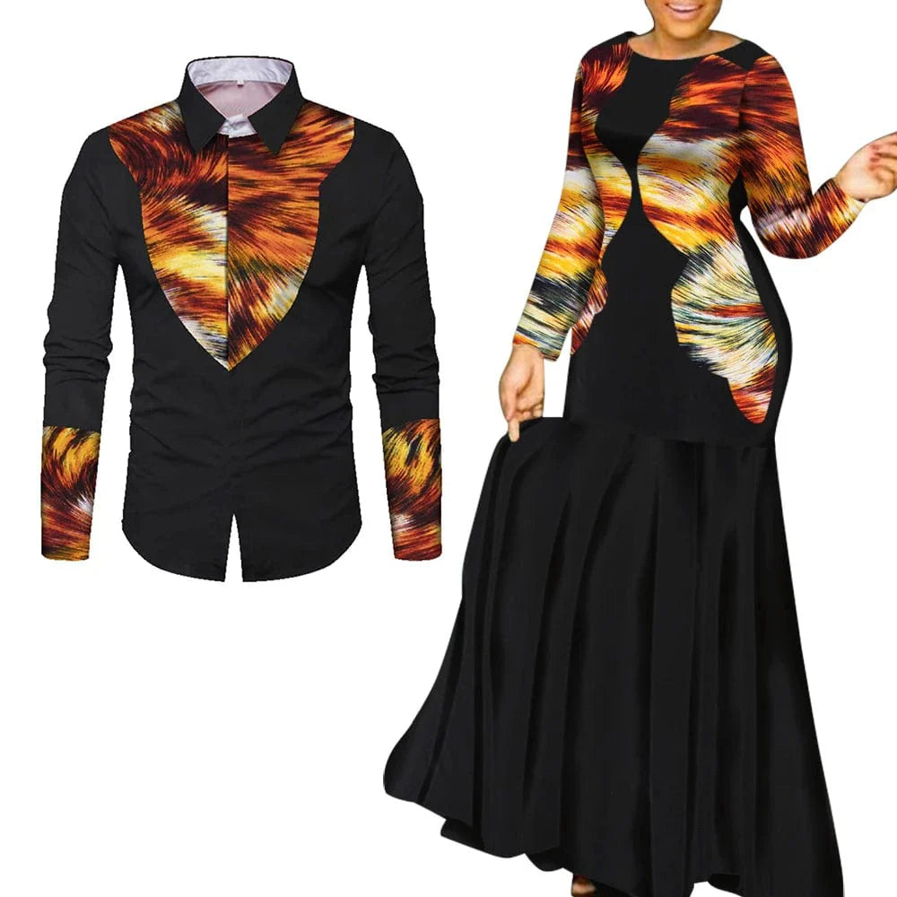 African print cotton couple outfits featuring a long party maxi dress for women and matching attire for men, vibrant and stylish.