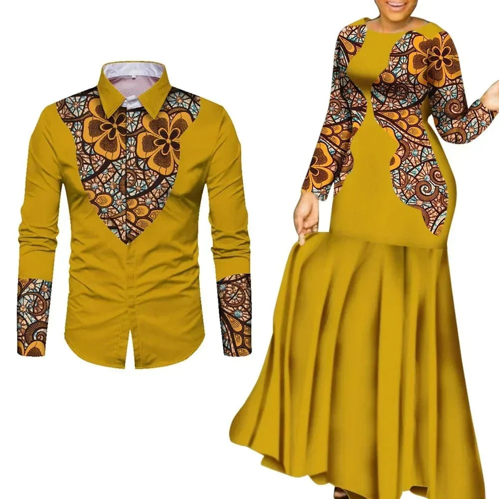 African print cotton couple outfits featuring a long party maxi dress for women and a matching shirt for men, vibrant and stylish.