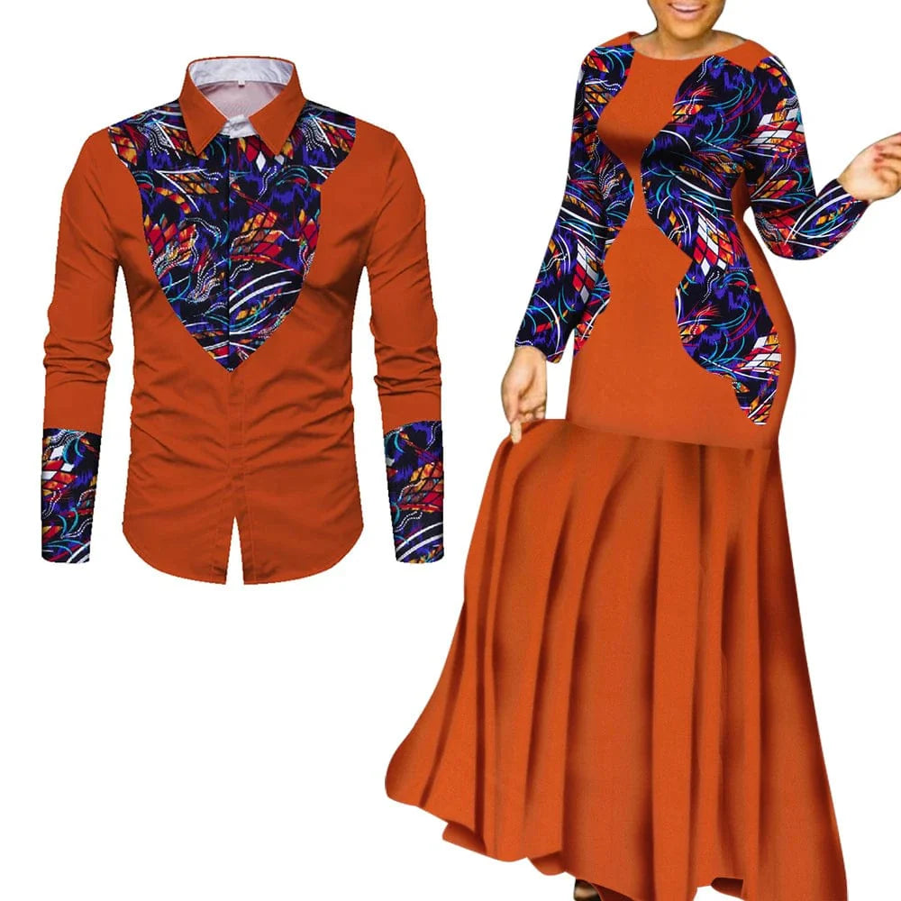 African print cotton couple outfits with long maxi dresses, featuring vibrant patterns for men and women, perfect for parties.