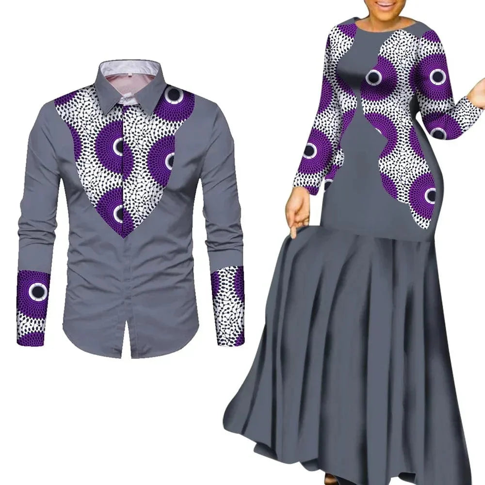 African print cotton couple outfits featuring a long party maxi dress for women and matching attire for men, stylish and vibrant.