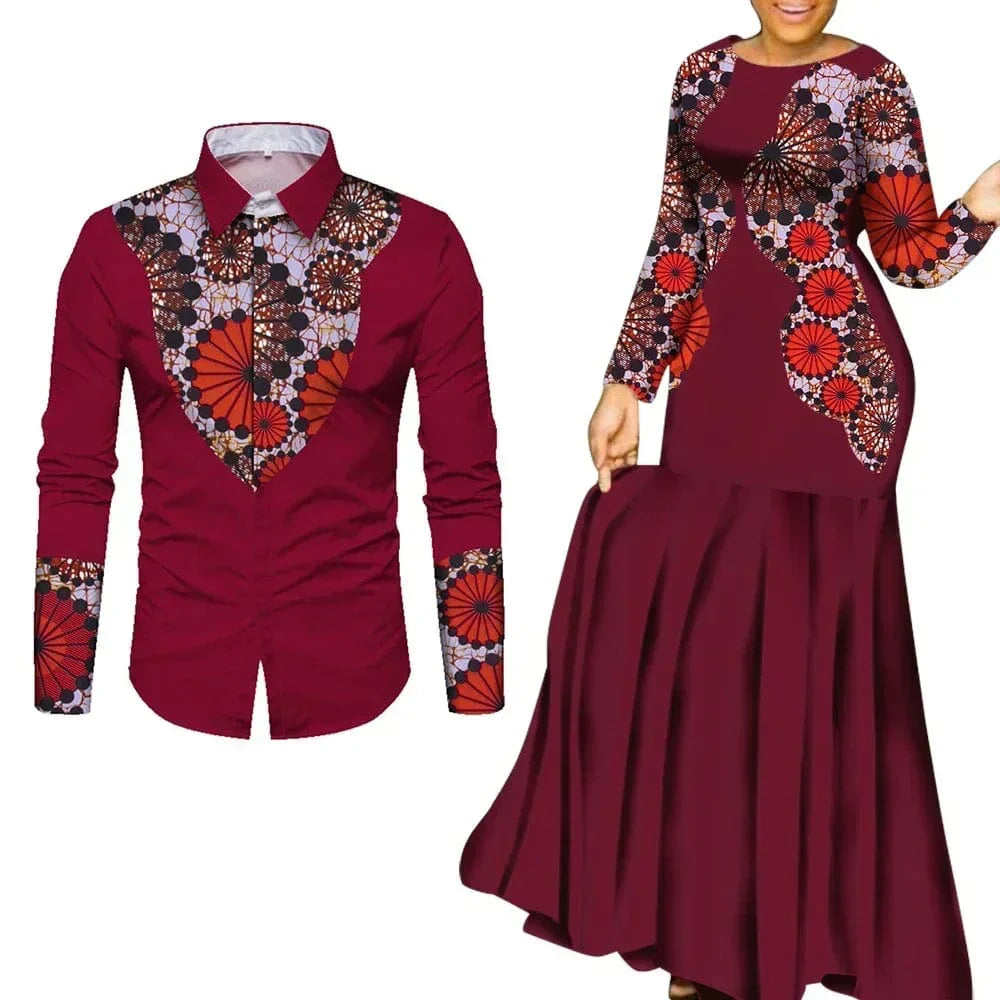 African print cotton couple outfits featuring long maxi dresses for men and women, perfect for parties and special occasions.