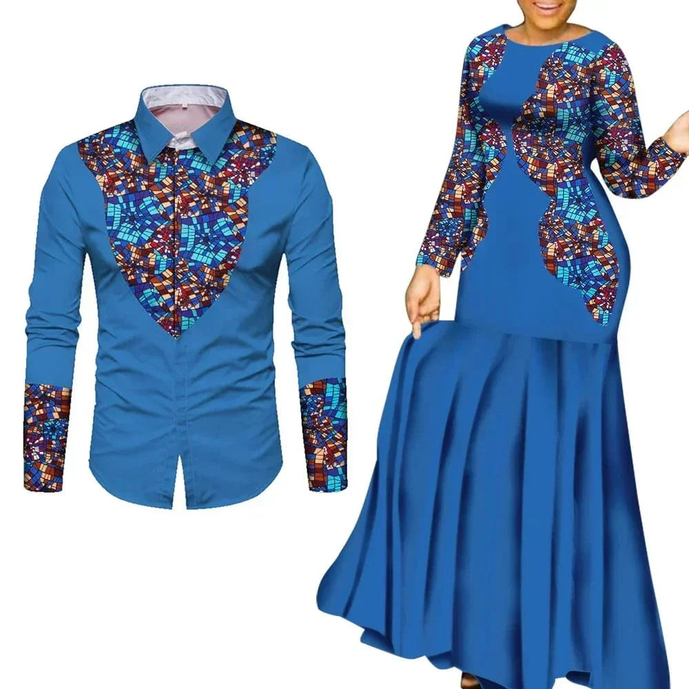 African print cotton couple outfits featuring long party maxi dresses for men and women, vibrant traditional African clothing.