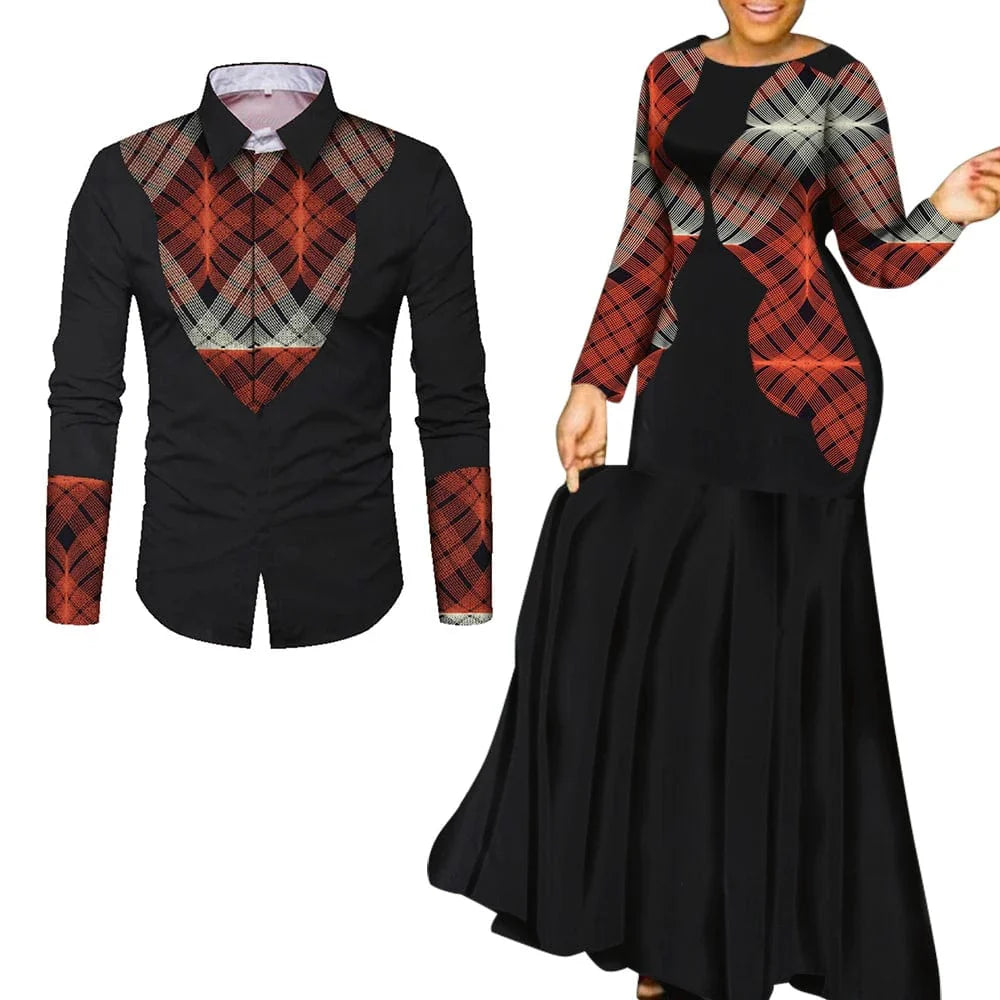 African print cotton couple outfits featuring long party maxi dresses for men and women, vibrant traditional African clothing.