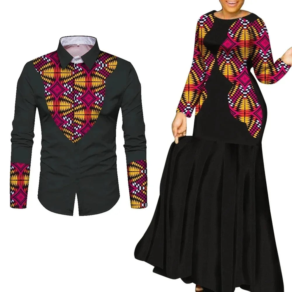 Xiaohuagua African print cotton couple outfits featuring a long party maxi dress for women and matching shirt for men.