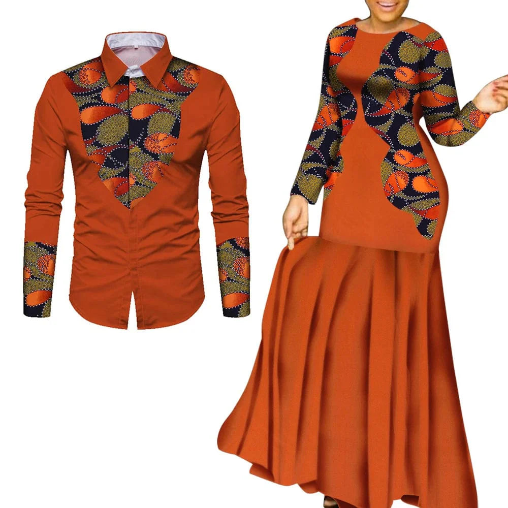 African print cotton couple outfits featuring long maxi dresses for men and women, ideal for parties and special occasions.