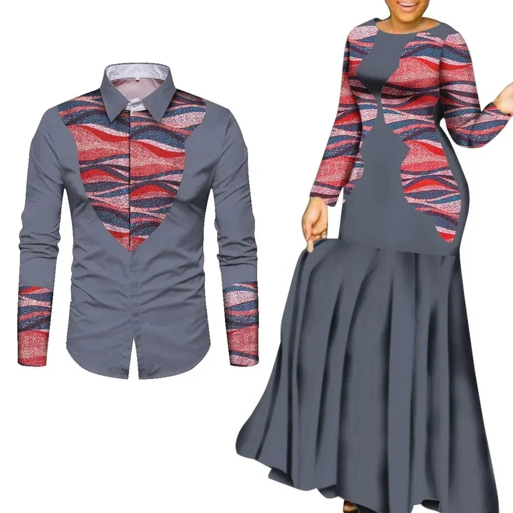 Xiaohuagua African print cotton couple outfits; long party maxi dress for women and matching traditional African clothing for men, vibrant patterns.