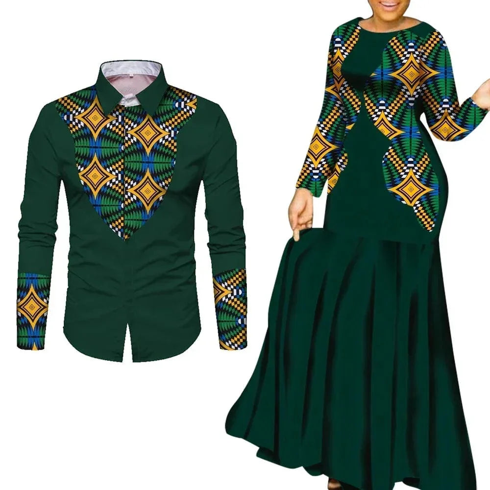 African print cotton couple outfits featuring a long party maxi dress for men and women, stylish and vibrant traditional clothing.