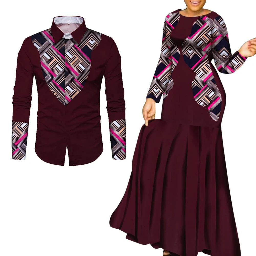 African print cotton couple outfits featuring long maxi dresses for women and men, perfect for parties and special occasions.