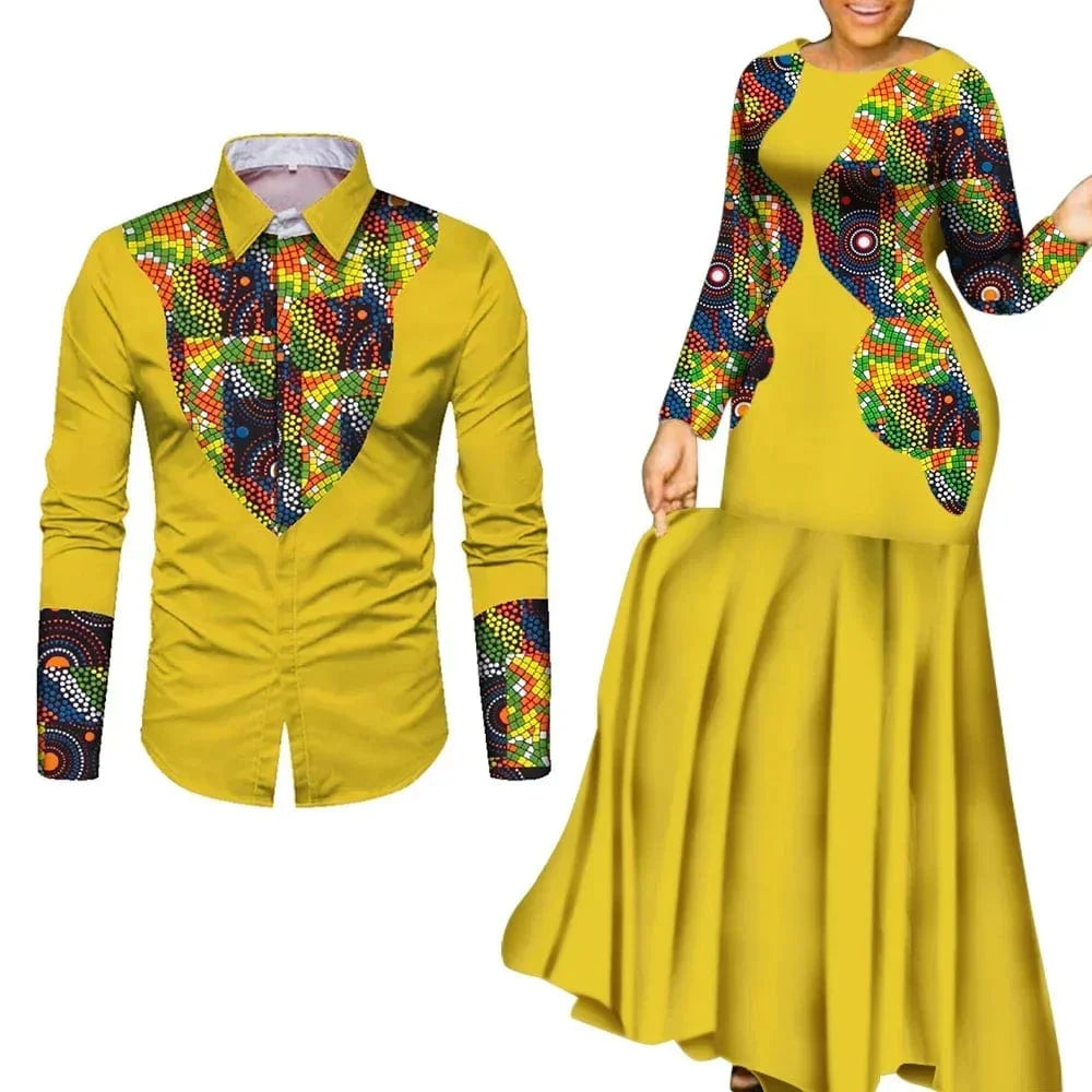 African print cotton couple outfits featuring long maxi dresses for men and women, perfect for parties and special occasions.