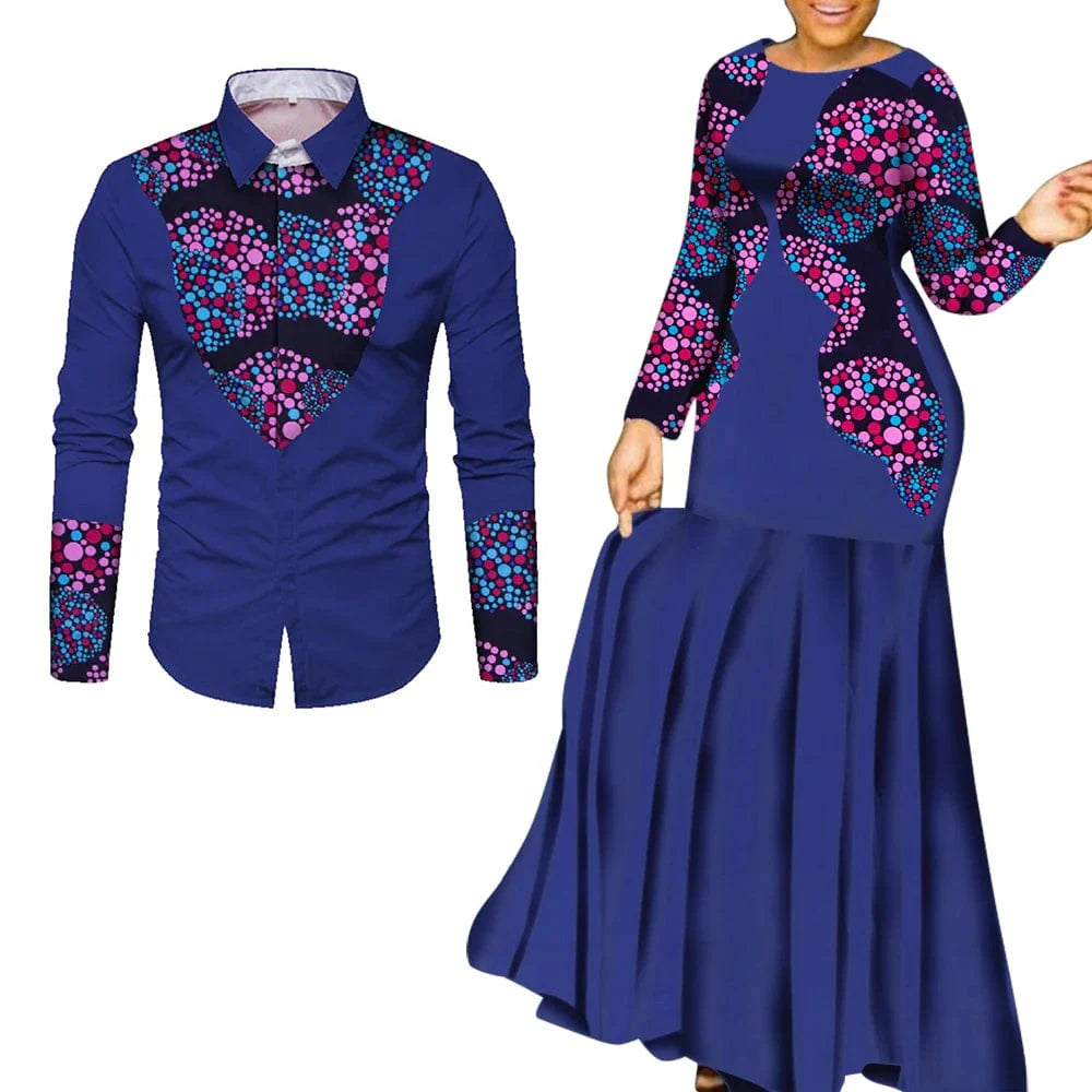 African print cotton couple outfits featuring a long maxi dress for women and matching attire for men, ideal for parties and celebrations.