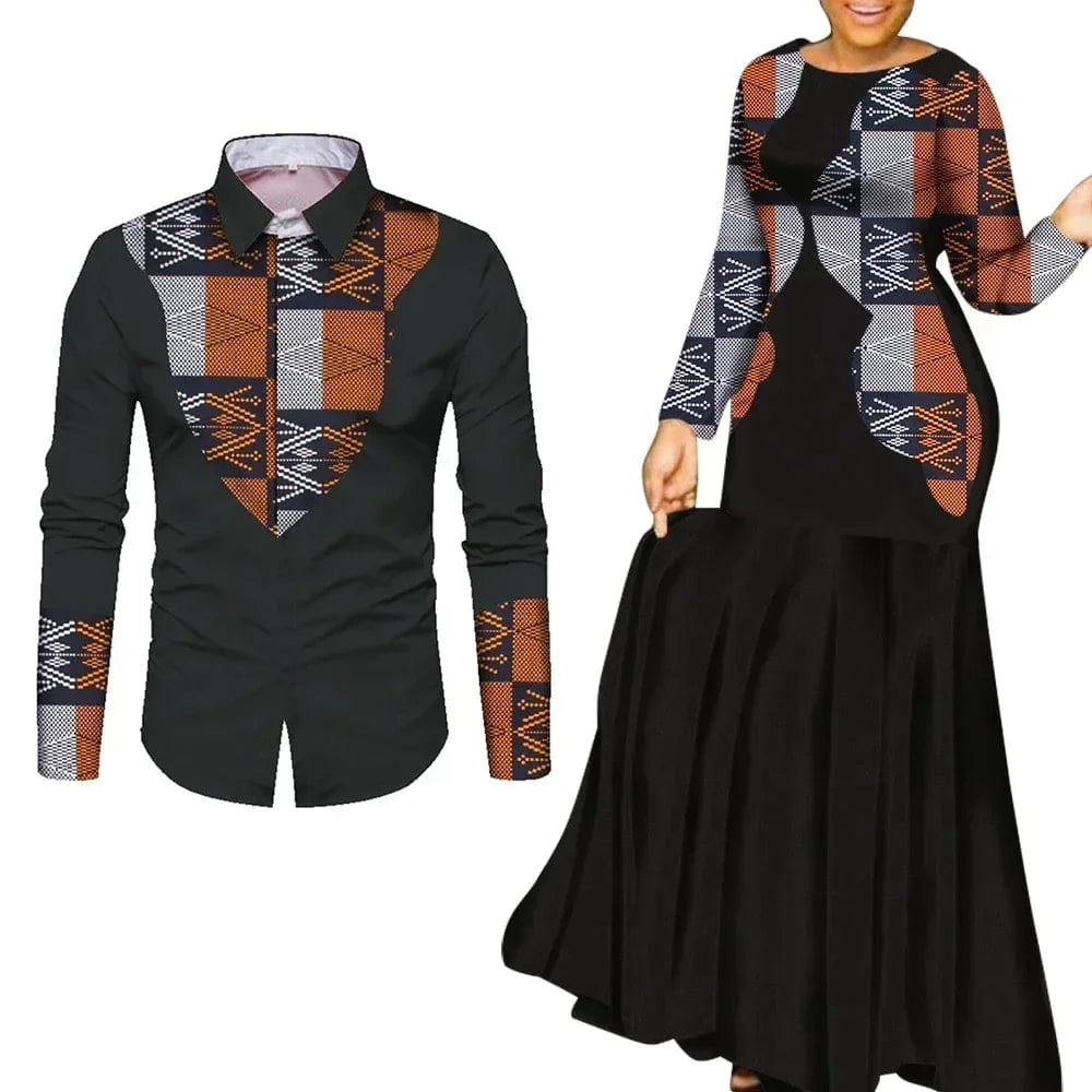 Couple wearing vibrant African print cotton maxi dresses for parties, featuring bold patterns and long flowing designs.