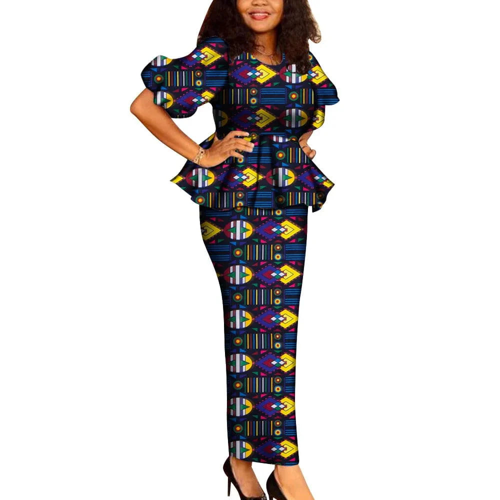GuyaWax African Dashiki Ankara 2-piece skirt set with cotton fabric, featuring vibrant patterns for women’s wedding or party attire.