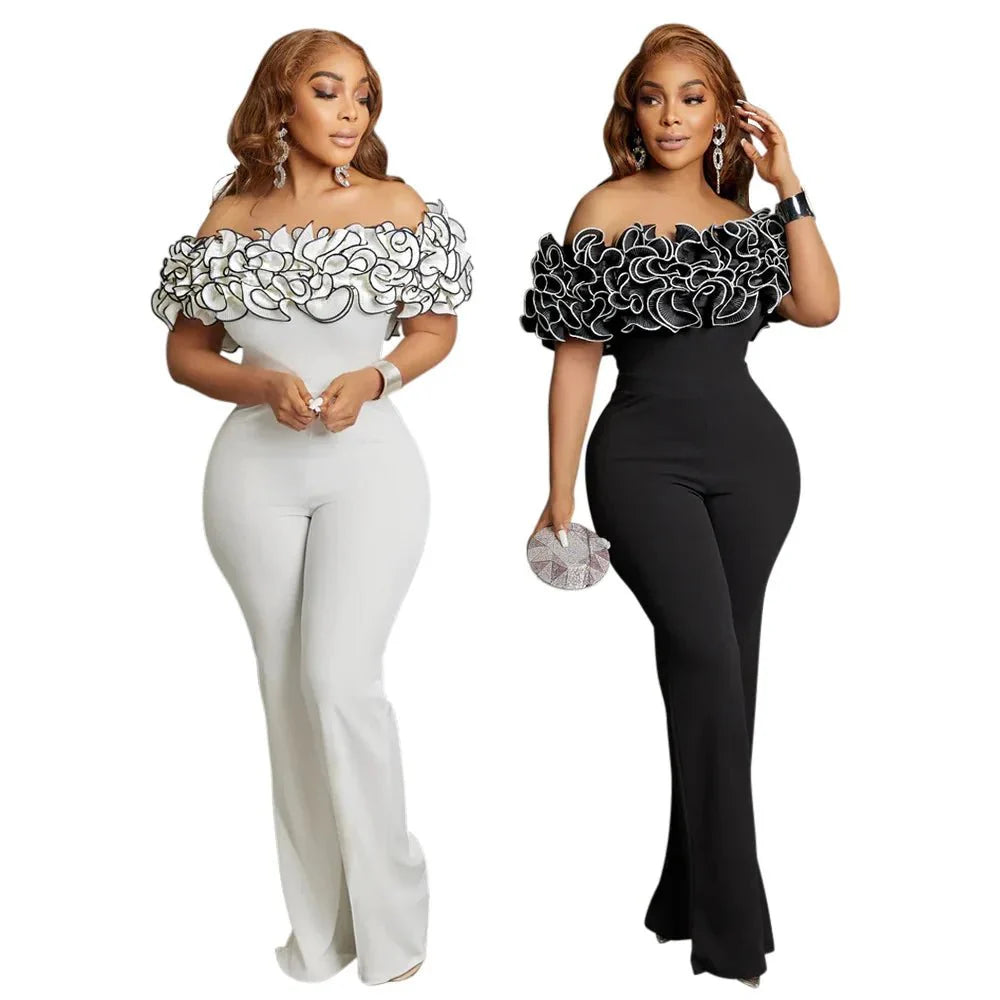 Women's African Dashiki long jumpsuit by SHOWLU FASHION STORE, elegant black and white polyester partywear for women.