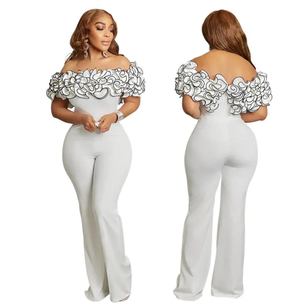 Elegant women's African dashiki long jumpsuit by SHOWLU FASHION STORE, featuring black and white polyester fabric for stylish partywear.