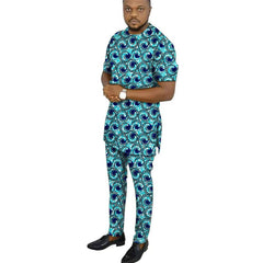 African clothing men's print short sleeve shirt with trouser Ankara fashion pant sets customize wedding male formal outfits - SHOWLU FASHION STORE