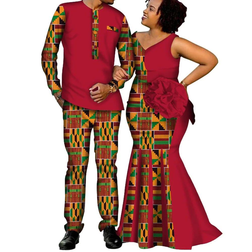 African Couple Clothes Women`s Long Maxi Dress And Men`s Tracksuit Dashiki Outfits Shirts And Pants Set Evening Wedding Party - SHOWLU FASHION STORE