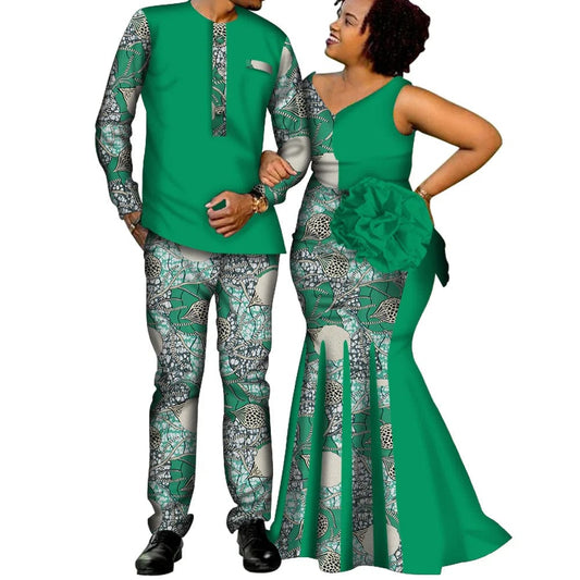 African Couple Clothes Women`s Long Maxi Dress And Men`s Tracksuit Dashiki Outfits Shirts And Pants Set Evening Wedding Party - SHOWLU FASHION STORE