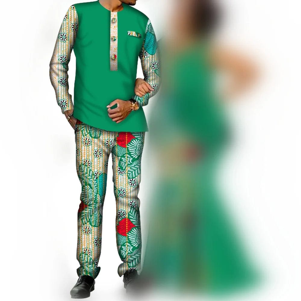 African Couple Clothes Women`s Long Maxi Dress And Men`s Tracksuit Dashiki Outfits Shirts And Pants Set Evening Wedding Party - SHOWLU FASHION STORE