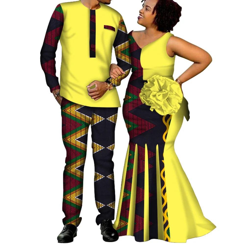 African Couple Clothes Women`s Long Maxi Dress And Men`s Tracksuit Dashiki Outfits Shirts And Pants Set Evening Wedding Party - SHOWLU FASHION STORE
