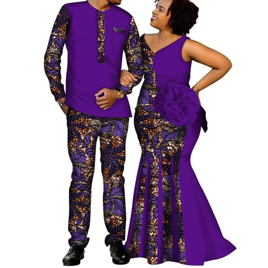 African Couple Clothes Women`s Long Maxi Dress And Men`s Tracksuit Dashiki Outfits Shirts And Pants Set Evening Wedding Party - SHOWLU FASHION STORE