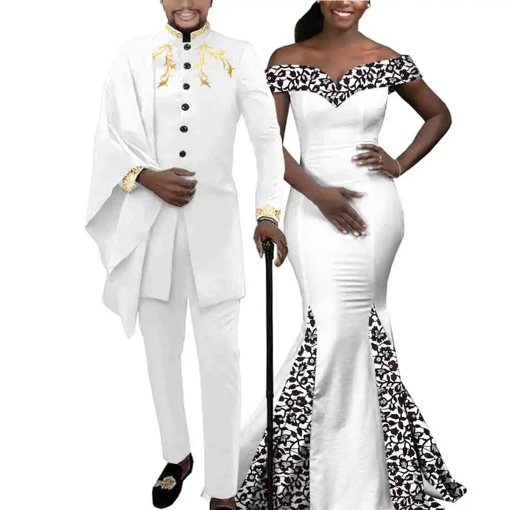 African couple matching outfits from SHOWLU FASHION STORE, woman’s slim mermaid dress and men’s 3-piece set with jacket and hat.