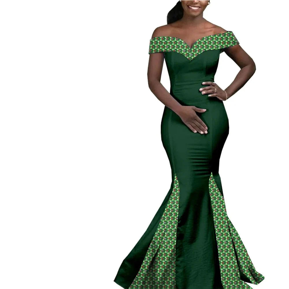 African couple matching outfits including a slim mermaid dress for women and a three-piece set with jacket and hat for men.