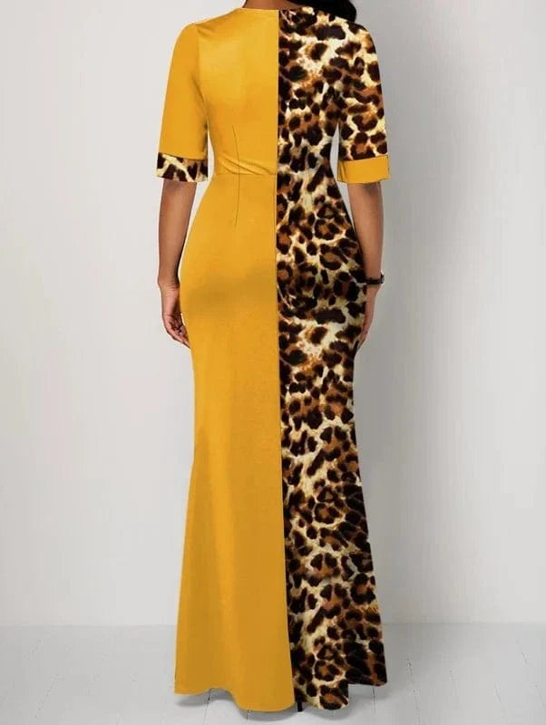 Showlu Fashion African Dashiki maxi abaya dress with leopard print, cotton fabric, traditional Islamic design, long and elegant.