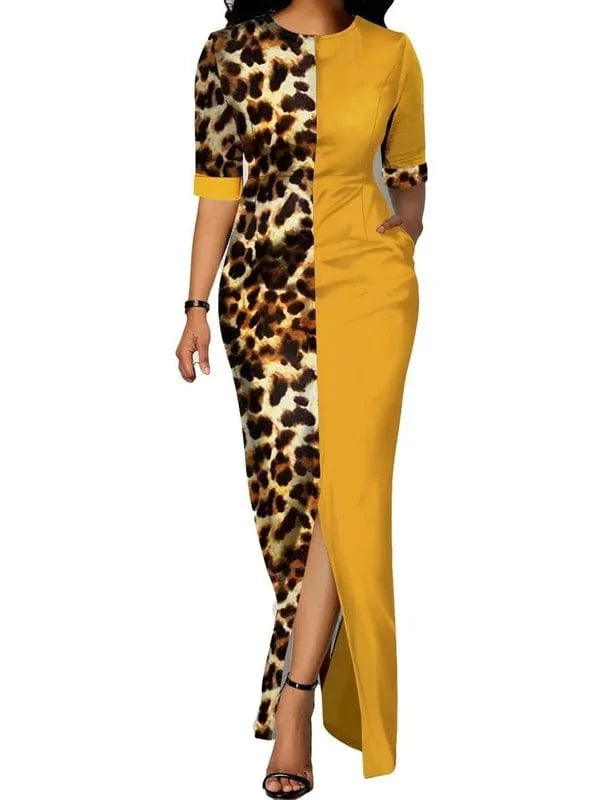 Showlu Fashion African Dashiki maxi dress with leopard print, cotton fabric, traditional Islamic abaya, long and elegant.