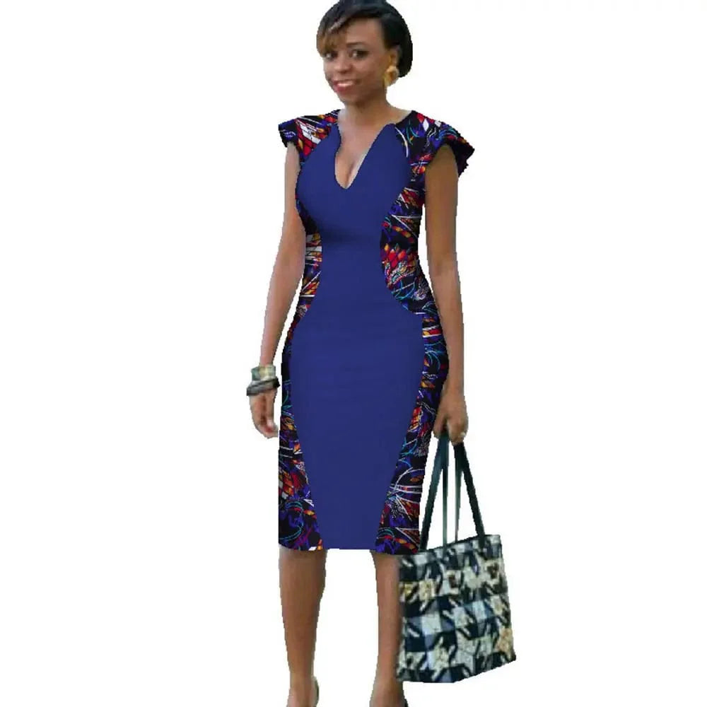 BintaRealWax women's African dashiki bodycon dress with V-neck, knee length, 100% cotton, plus size, perfect for parties