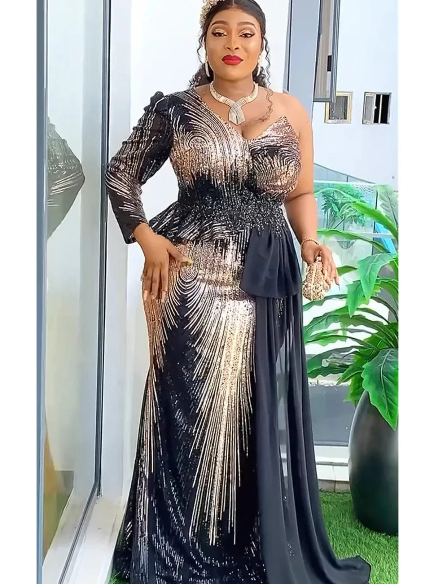 Plus size African sequin evening party dress featuring long dashiki style robe with vibrant Ankara patterns.