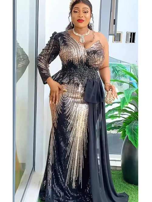 Plus size African sequin evening party dress featuring long dashiki style robe with vibrant Ankara patterns.